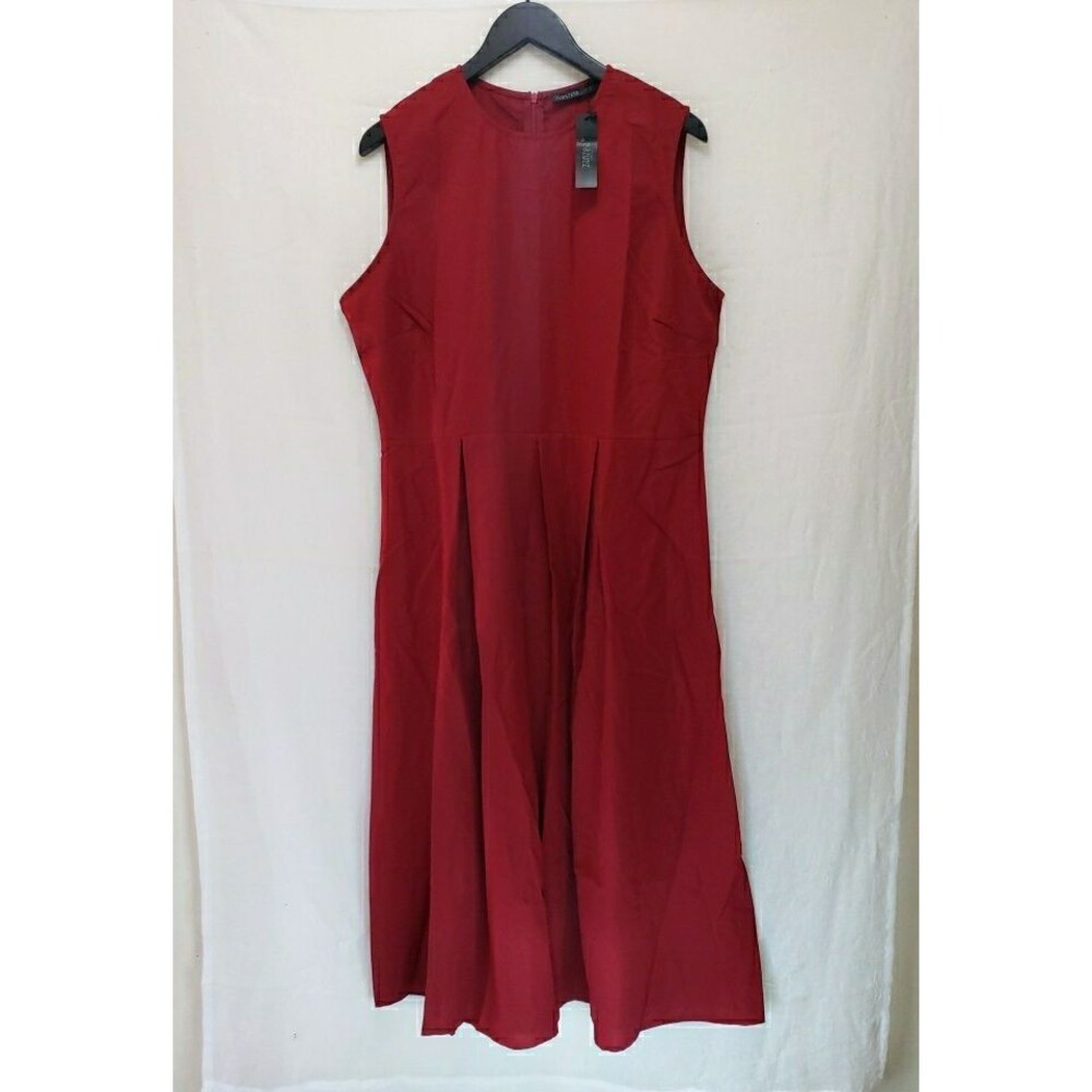 NWT Zanzea Red Sleeveless Midi Dress XXXL 3XL Pleated Skirt Round Neck Solid
